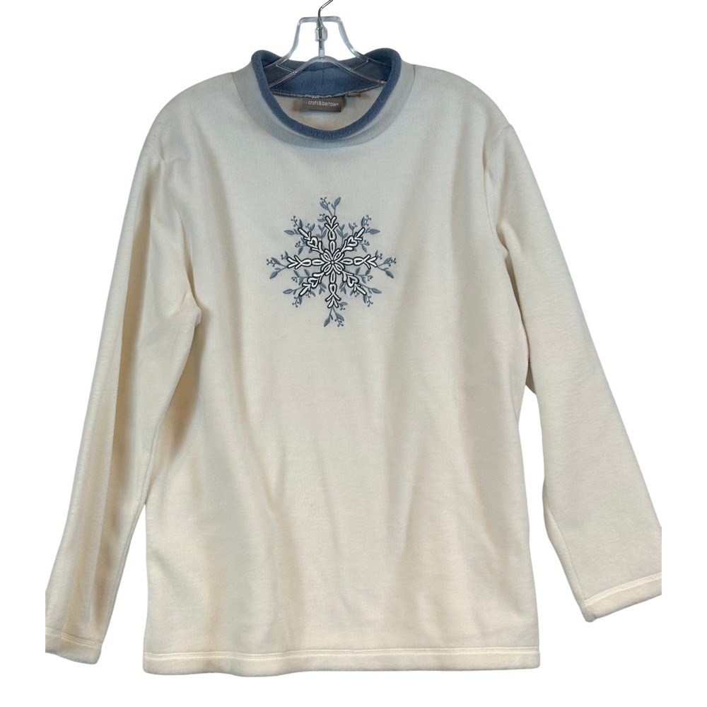 NWT Grandmacore Womens Fleece Mock Neck Snowflake Pullover Cream Blue Winter -L-
